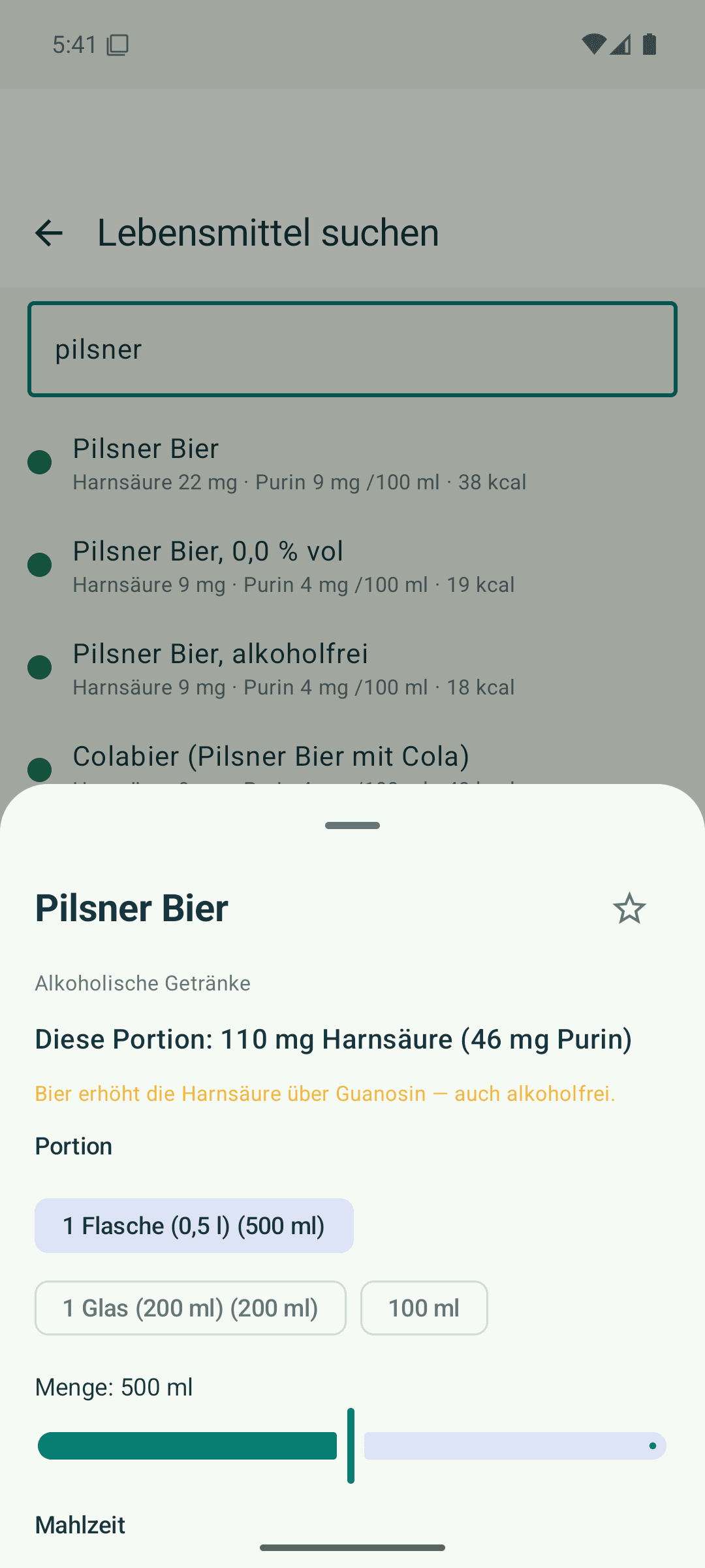 Purin-Kompass Suche: Pilsner Bier mit 9 mg Purin je 100 ml, Portionsauswahl 0,5-Liter-Flasche